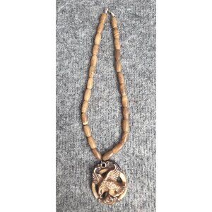 Carved Eagle Pendant Necklace With Brown Beads Tribal Design Unique Vtg